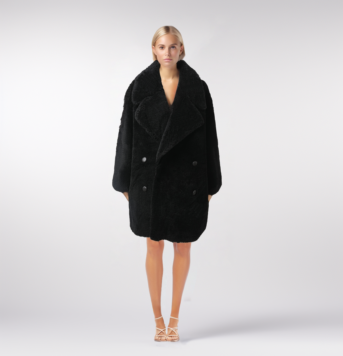 Black Shearling Double-Breasted Heavy Mid-Long Winter Coat