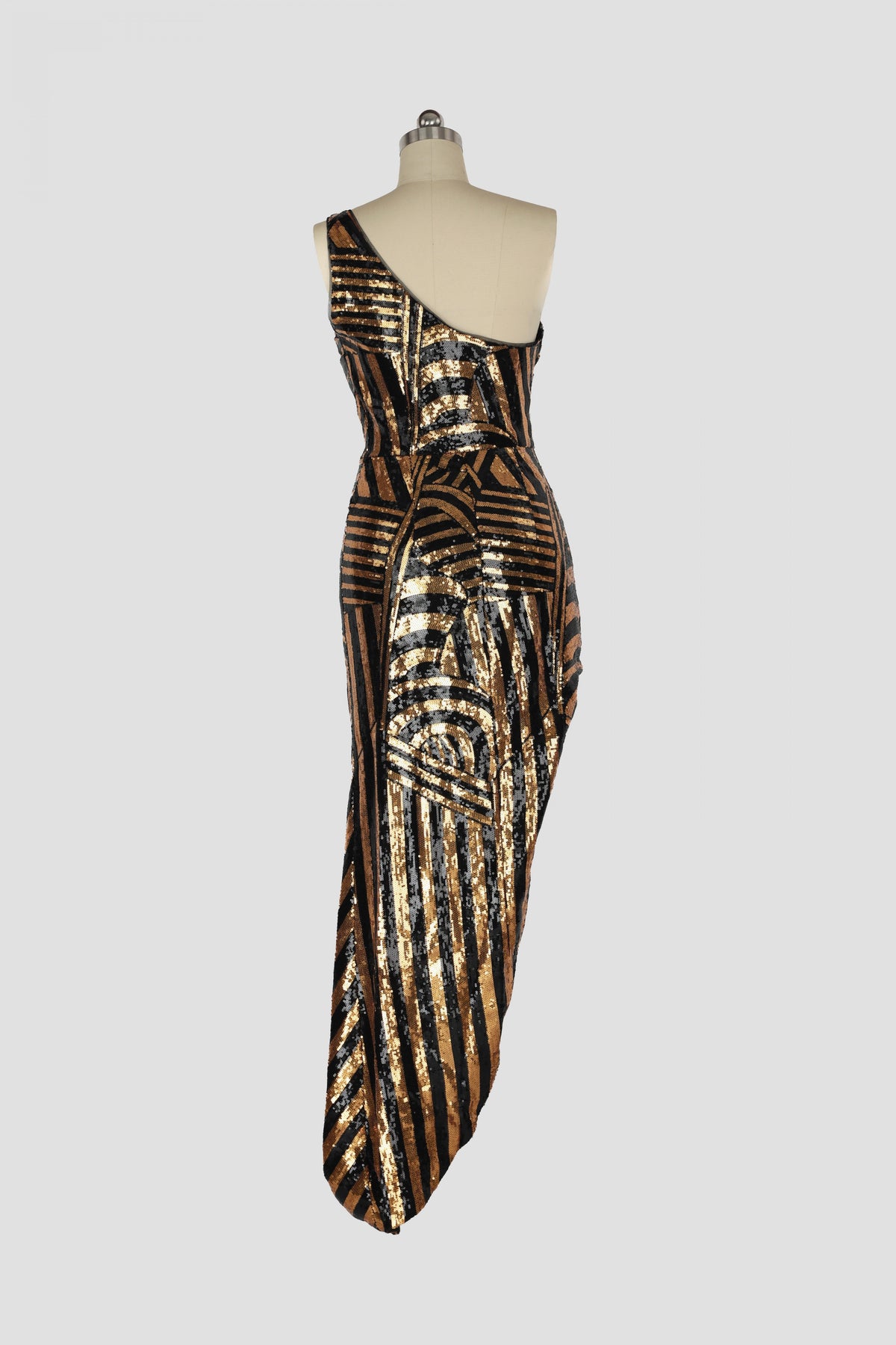 BLACK GOLD SEQUIN EMBROIDERED AYSMETRIC SPLIT LIGHT DRESS