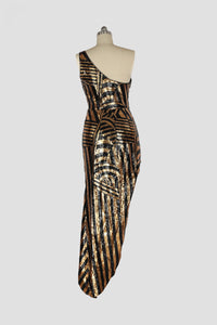 BLACK GOLD SEQUIN EMBROIDERED AYSMETRIC SPLIT LIGHT DRESS