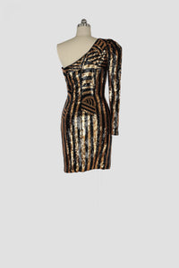 BLACK GOLD SEQUIN EMBROIDERED SHOULDER LIGHT DRESS