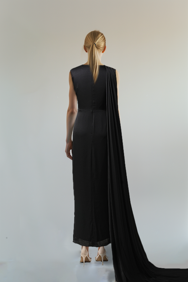 Black Silk Elastic Satin Sleeveless Long Back-to-Floor Dress