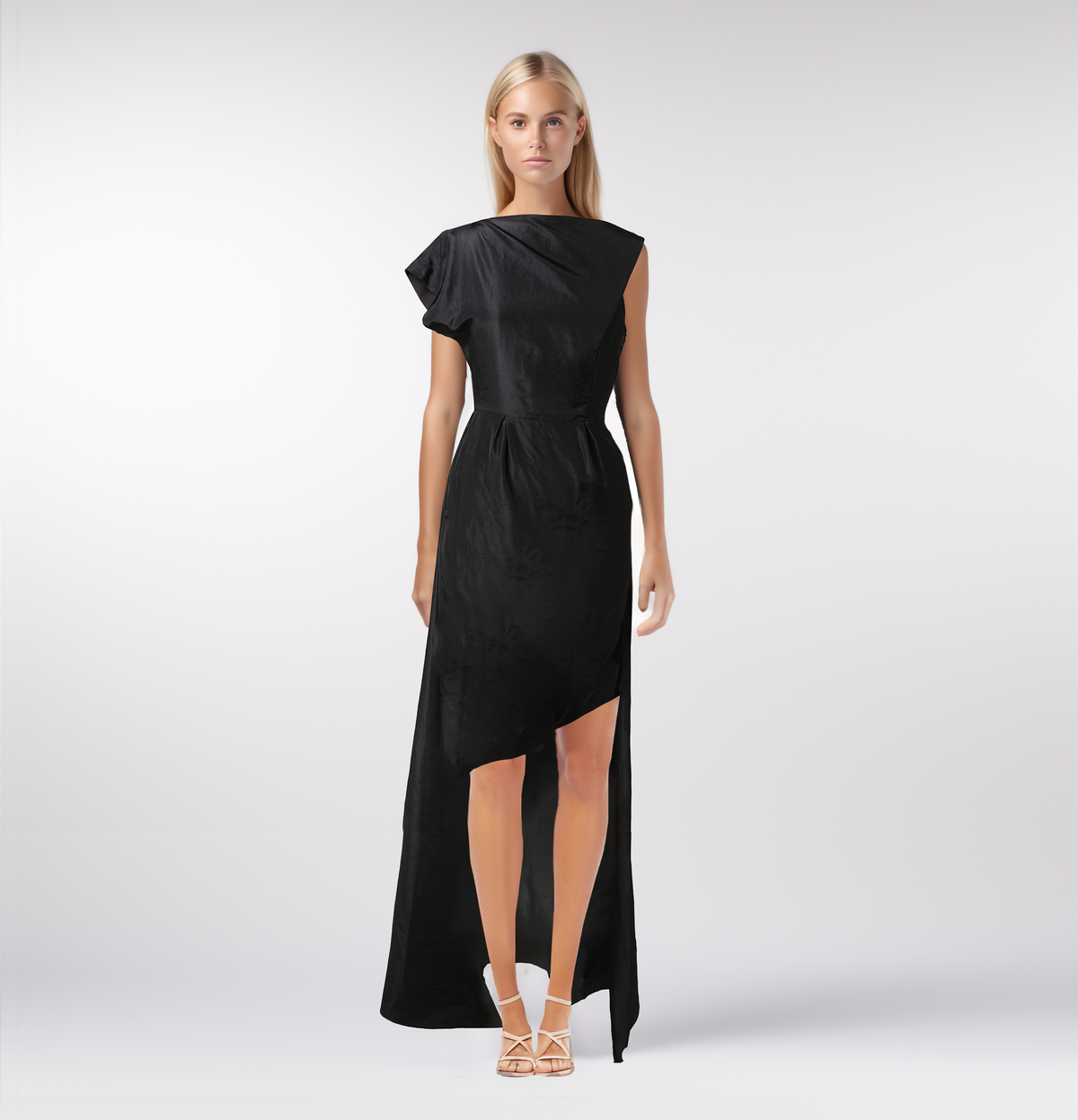 Black Silk Taffeta Asymmetric Long-Back Dress