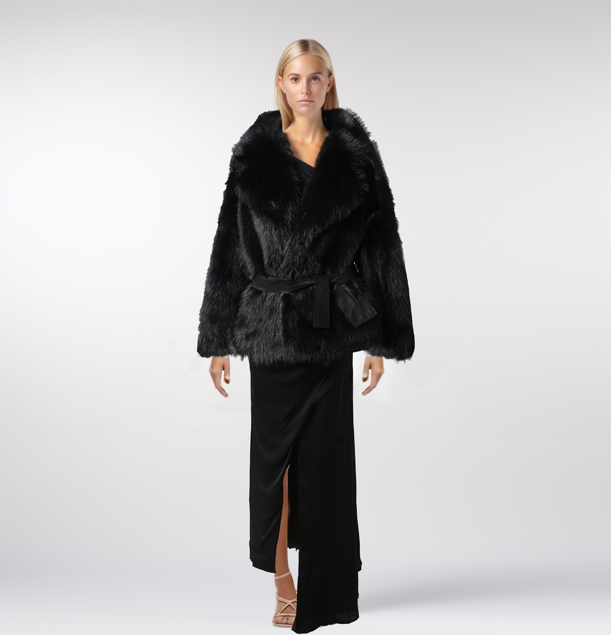 Black Faux Fox Fur Mid-Long Winter Coat