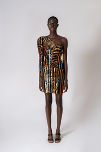 BLACK GOLD SEQUIN EMBROIDERED SHOULDER LIGHT DRESS