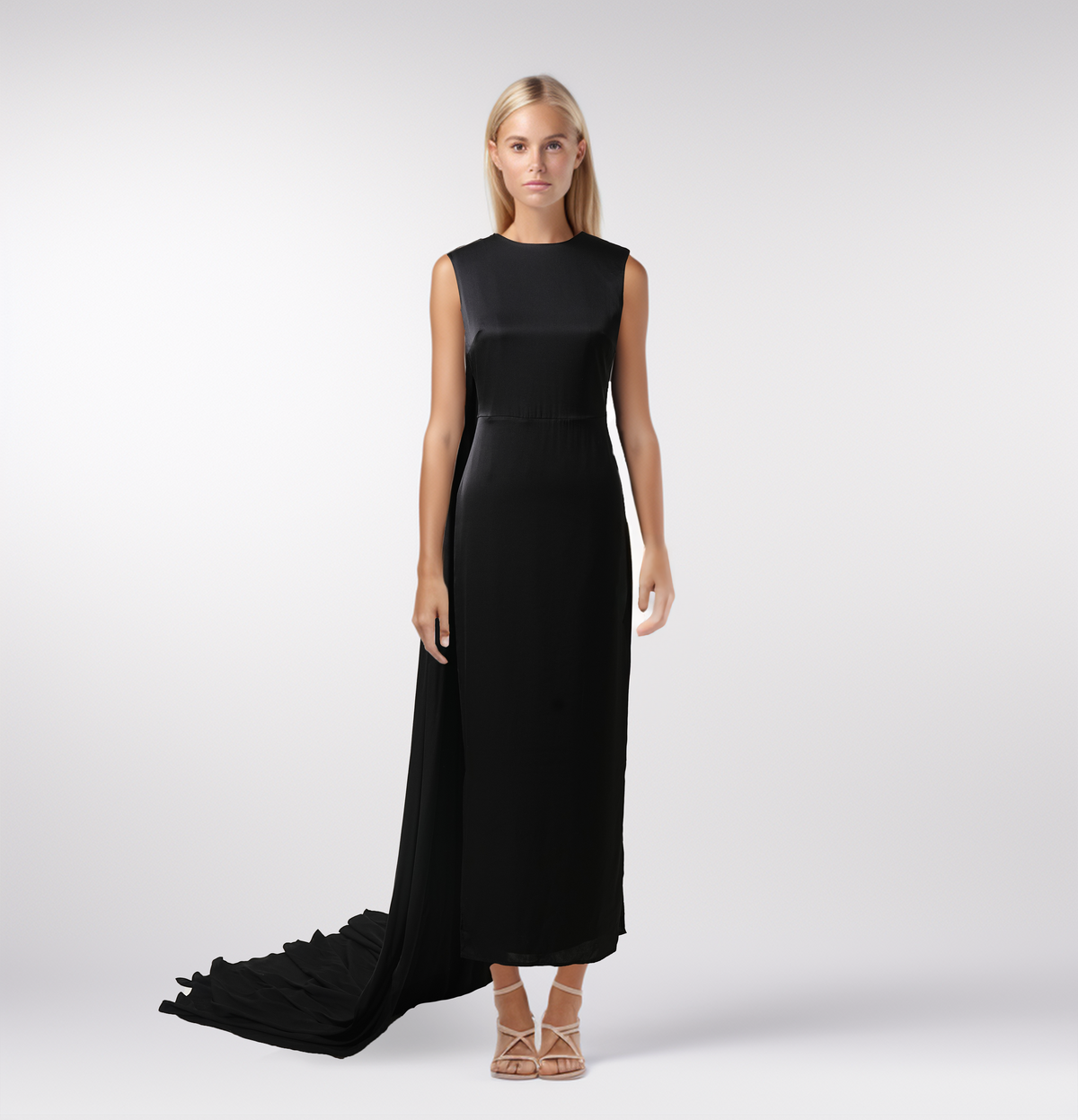 Black Silk Elastic Satin Sleeveless Long Back-to-Floor Dress