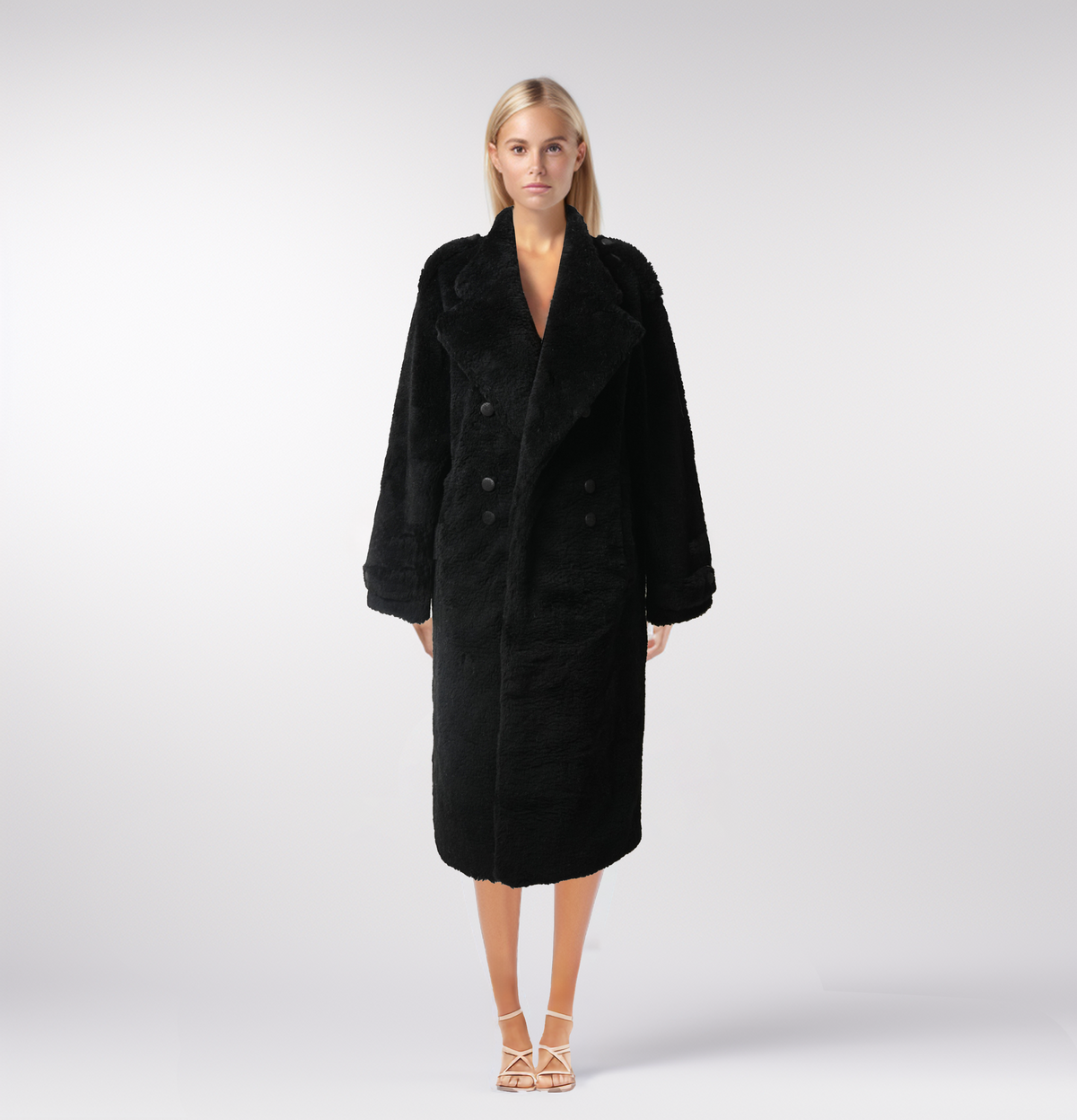 Black Shearling Double-Breasted Heavy Long Winter Coat
