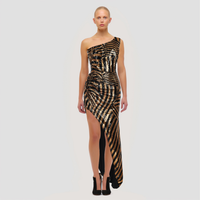 BLACK GOLD SEQUIN EMBROIDERED AYSMETRIC SPLIT LIGHT DRESS
