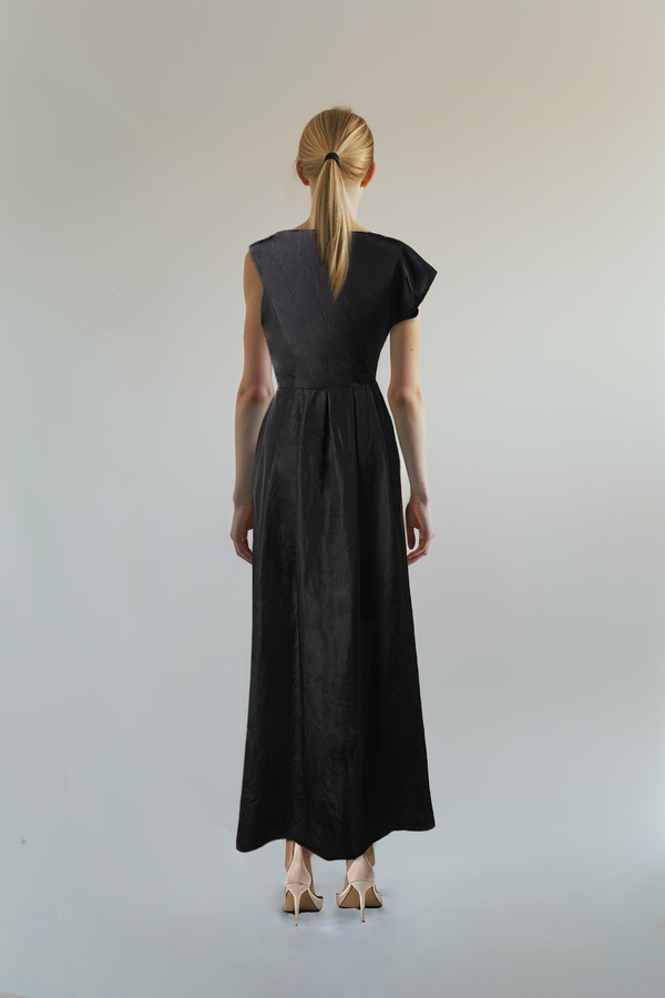 Black Silk Taffeta Asymmetric Long-Back Dress
