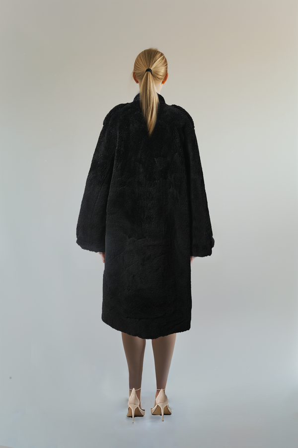 Black Shearling Double-Breasted Heavy Long Winter Coat