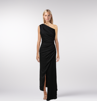 Black Silk Elastic Satin One-Shoulder Long Dress