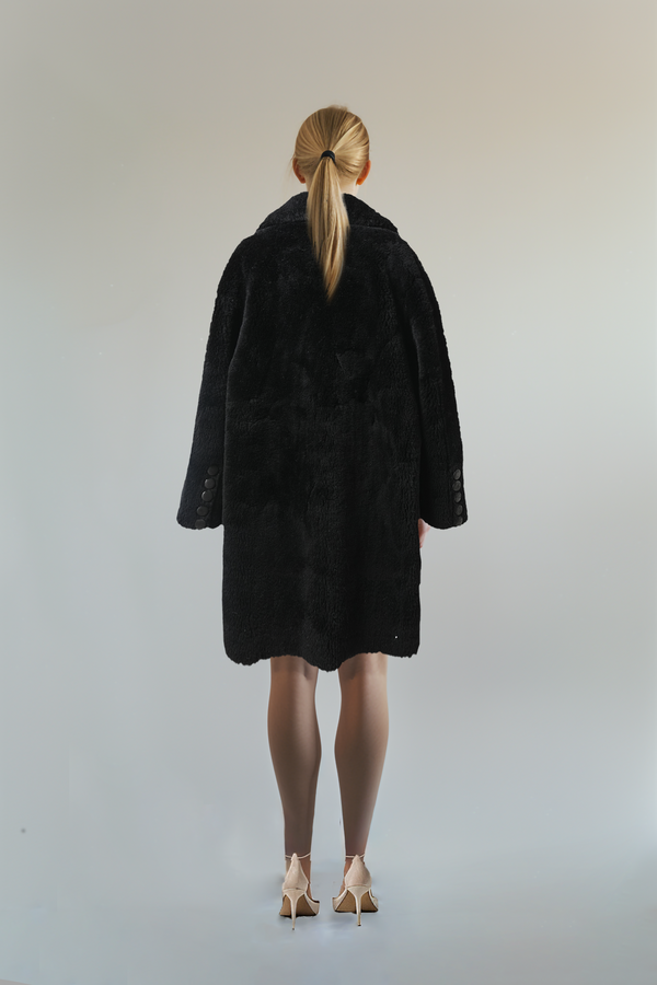 Black Shearling Double-Breasted Heavy Mid-Long Winter Coat