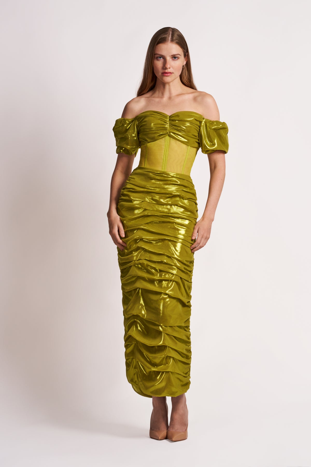 Lime Satin Corset Midi Dress