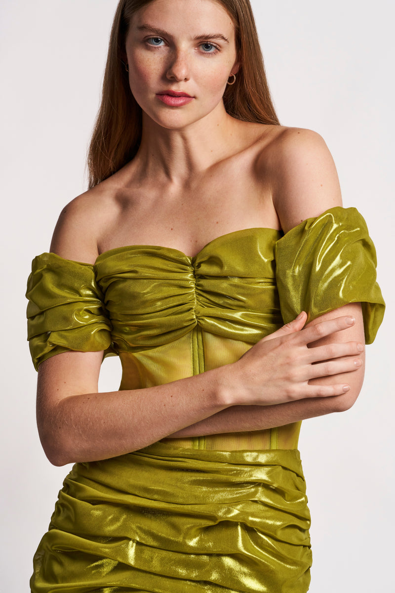Lime Satin Corset Midi Dress