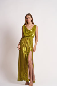 Lime Satin Drape Gown with High Slit