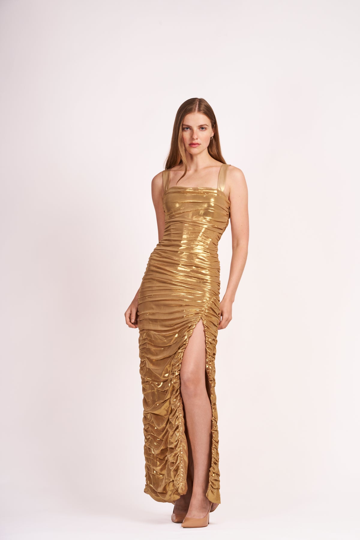 Gold Metallic Ruched Gown with High Slit