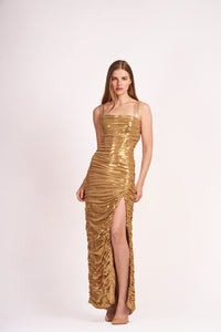 Gold Metallic Ruched Gown with High Slit