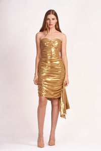Gold Metallic Strapless Ruched Mini Dress