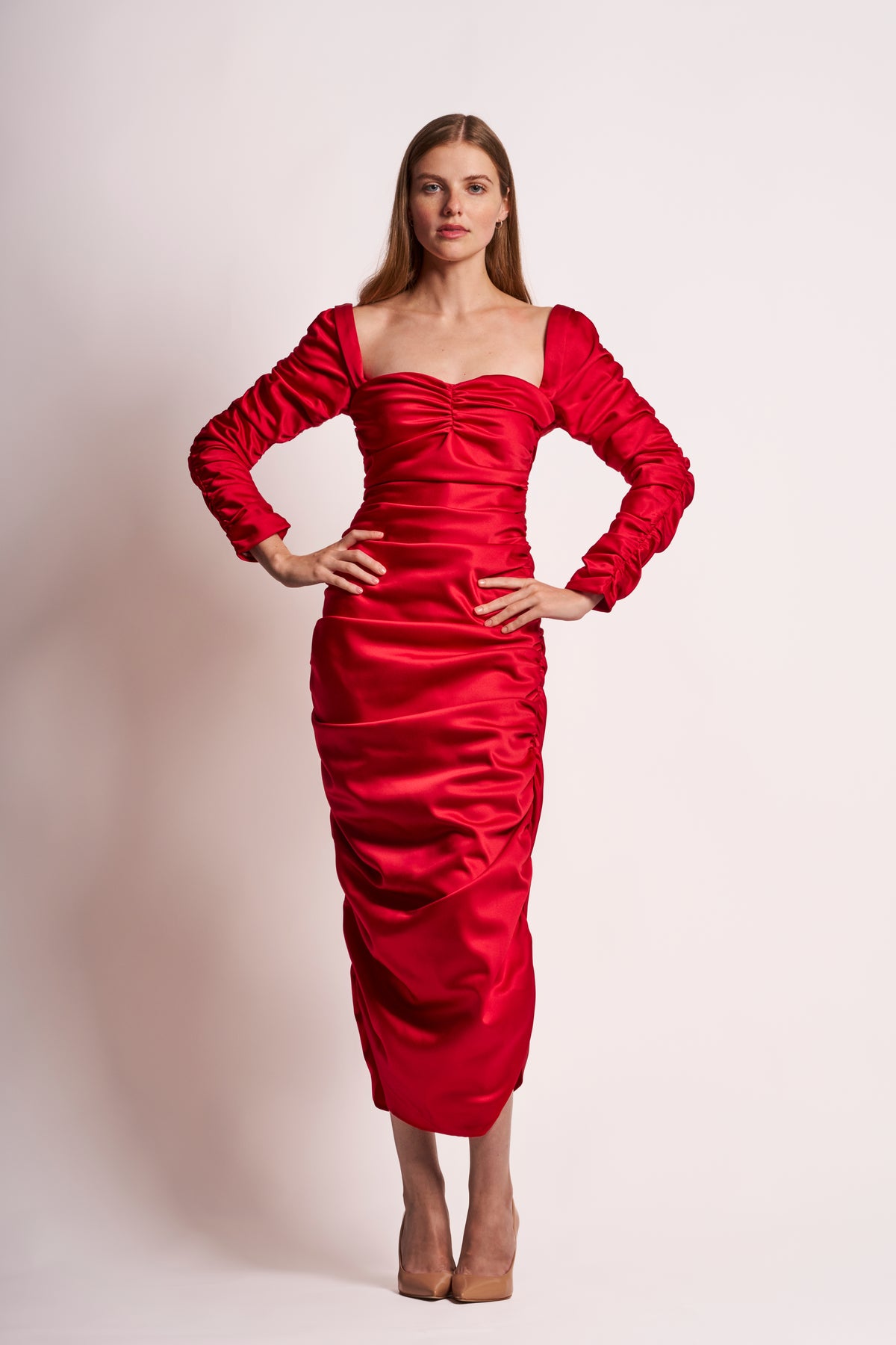 Crimson Silk Satin Long-Sleeve Ruched Midi Dress