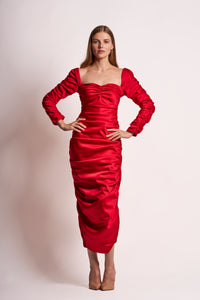 Crimson Silk Satin Long-Sleeve Ruched Midi Dress