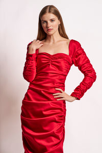 Crimson Silk Satin Long-Sleeve Ruched Midi Dress