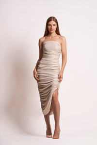 Champagne Gold Strapless Ruched Midi Dress