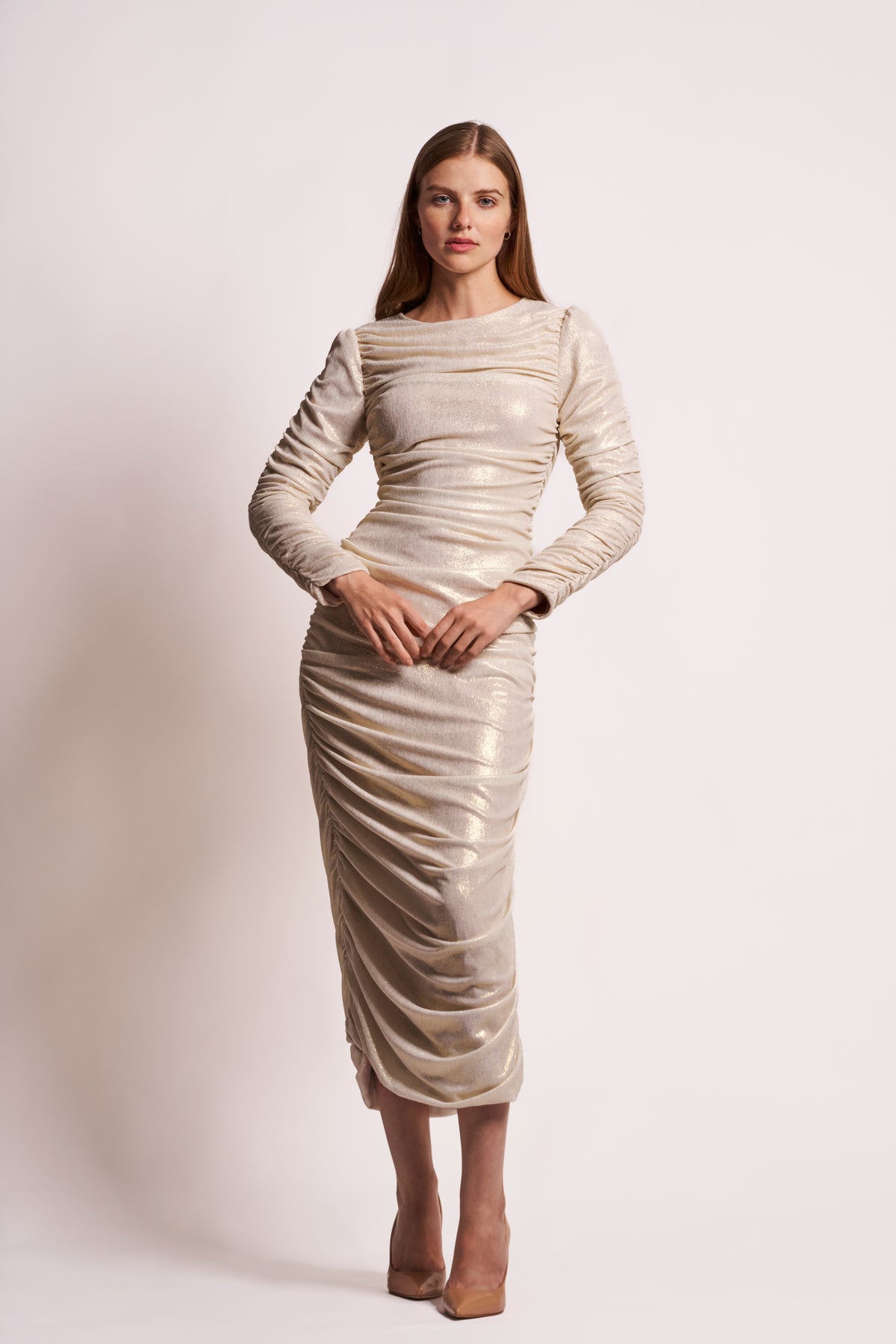 Champagne Gold Long-Sleeve Ruched Midi Dress
