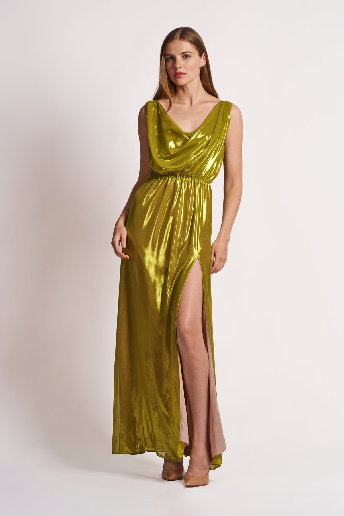 Lime Satin Drape Gown with High Slit