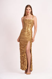 Gold Metallic Ruched Gown with High Slit