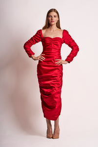Crimson Silk Satin Long-Sleeve Ruched Midi Dress