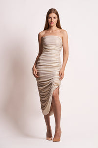 Champagne Gold Strapless Ruched Midi Dress