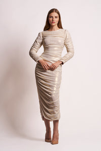 Champagne Gold Long-Sleeve Ruched Midi Dress